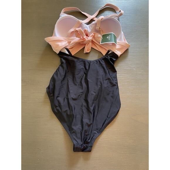 Eomenie Pink And Black High Waisted One Piece Opens Tummy Swimwear size Small - Picture 2 of 3